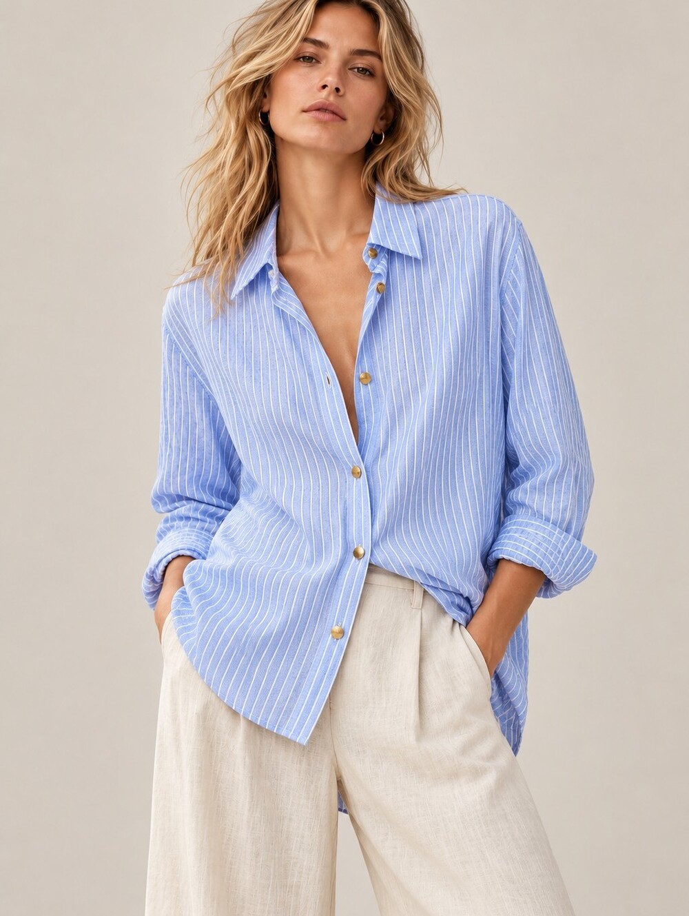 NWT ZARA Blue White Stripe Striped Linen Viscose Blend Button Down Shirt Large